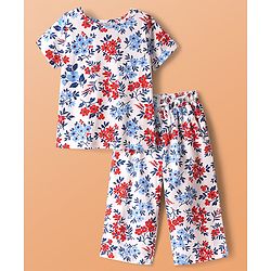 Pine Kids Cotton Knit Half Sleeves Co-ords Capri Night Suit with Floral Print - White