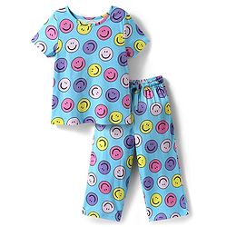 Pine Kids Cotton Knit Half Sleeves Capri Night Suit With  Smiley Print - Light Blue