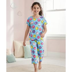 Pine Kids Cotton Knit Half Sleeves Capri Night Suit With  Smiley Print - Light Blue