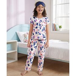 Pine Kids Cotton Knit Half Sleeves  Capri Night Suit With Floral Print - White