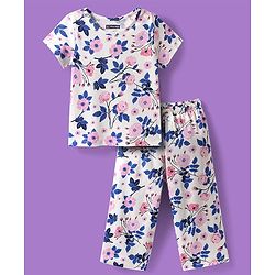 Pine Kids Cotton Knit Half Sleeves  Capri Night Suit With Floral Print - White
