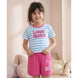 Pine Kids Single Jersey Knit Half Sleeves Striped Shorts Night Suit with Text Print - White & Dark Pink