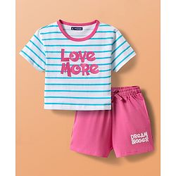 Pine Kids Single Jersey Knit Half Sleeves Striped Shorts Night Suit with Text Print - White & Dark Pink