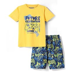Pine Kids Single Jersey Knit Half Sleeves Shorts Nightsuit With Future Gamer Text Print - Yellow & Navy Blue