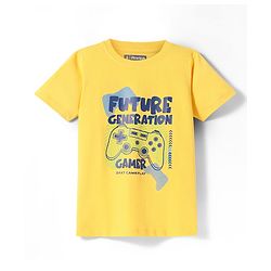 Pine Kids Single Jersey Knit Half Sleeves Shorts Nightsuit With Future Gamer Text Print - Yellow & Navy Blue
