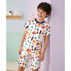 Pine Kids Single Jersey Knit Half Sleeves Co-ords Shorts Night Suit with Beach Theme Print - White