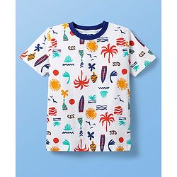 Pine Kids Single Jersey Knit Half Sleeves Co-ords Shorts Night Suit with Beach Theme Print - White