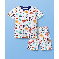 Pine Kids Single Jersey Knit Half Sleeves Co-ords Shorts Night Suit with Beach Theme Print - White