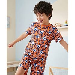 Pine Kids Single Jersey Knit Half Sleeves Co-ords Shorts Night Suit with Sports Theme Print - Orange