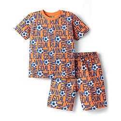 Pine Kids Single Jersey Knit Half Sleeves Co-ords Shorts Night Suit with Sports Theme Print - Orange