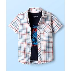 Pine Kids Cotton Woven Half Sleeves Checkered Shirt With T-Shirt - Multicolour