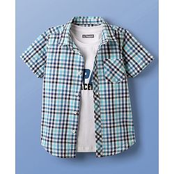Pine Kids Cotton Woven Half Sleeves Checks Shirt With Sleeveless Text Printed T-Shirt - Light Blue White & Navy Blue