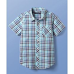Pine Kids Cotton Woven Half Sleeves Checks Shirt With Sleeveless Text Printed T-Shirt - Light Blue White & Navy Blue