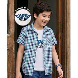 Pine Kids Cotton Woven Half Sleeves Checks Shirt With Sleeveless Text Printed T-Shirt - Light Blue White & Navy Blue