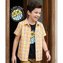 Pine Kids Cotton Woven Half Sleeves Checks Shirt With Sleeveless Text Printed T-Shirt - Yellow Orange & Navy Blue
