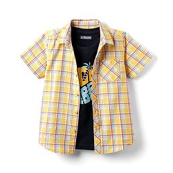 Pine Kids Cotton Woven Half Sleeves Checks Shirt With Sleeveless Text Printed T-Shirt - Yellow Orange & Navy Blue