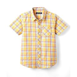 Pine Kids Cotton Woven Half Sleeves Checks Shirt With Sleeveless Text Printed T-Shirt - Yellow Orange & Navy Blue