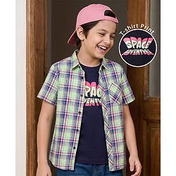 Pine Kids Cotton Woven Half Sleeves Checkered Shirt With T-Shirt - Light Green