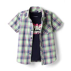 Pine Kids Cotton Woven Half Sleeves Checkered Shirt With T-Shirt - Light Green