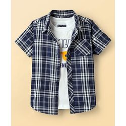 Pine Kids Cotton Woven Half Sleeves Checkered Shirt With T-Shirt - Navy Blue