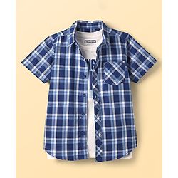 Pine Kids Cotton Woven Half Sleeves Checks Shirt With Sleeveless Text Printed T-Shirt - White & Navy Blue