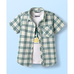 Pine Kids Cotton Woven Half Sleeves Checks Shirt With Sleeveless Beach Theme Printed T-Shirt - White & Teal Blue