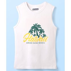 Pine Kids Cotton Woven Half Sleeves Checks Shirt With Sleeveless Beach Theme Printed T-Shirt - White & Teal Blue