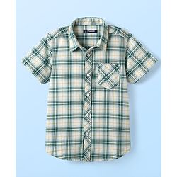 Pine Kids Cotton Woven Half Sleeves Checks Shirt With Sleeveless Beach Theme Printed T-Shirt - White & Teal Blue
