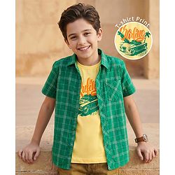 Pine Kids Cotton Woven Half Sleeves Checks Shirt With Sleeveless Text Printed T-Shirt - Green & Yellow