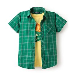 Pine Kids Cotton Woven Half Sleeves Checks Shirt With Sleeveless Text Printed T-Shirt - Green & Yellow