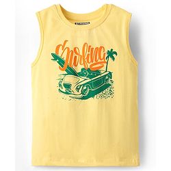 Pine Kids Cotton Woven Half Sleeves Checks Shirt With Sleeveless Text Printed T-Shirt - Green & Yellow