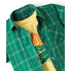 Pine Kids Cotton Woven Half Sleeves Checks Shirt With Sleeveless Text Printed T-Shirt - Green & Yellow