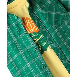 Pine Kids Cotton Woven Half Sleeves Checks Shirt With Sleeveless Text Printed T-Shirt - Green & Yellow