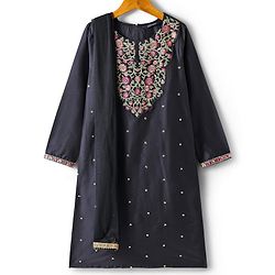 Pine Kids Woven Three Fourth Sleeves Floral Embroidered Kurti Chudidar Set with Dupatta & Lace Detailing - Navy Blue