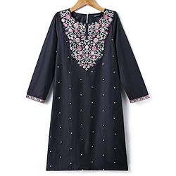 Pine Kids Woven Three Fourth Sleeves Floral Embroidered Kurti Chudidar Set with Dupatta & Lace Detailing - Navy Blue