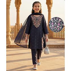 Pine Kids Woven Three Fourth Sleeves Floral Embroidered Kurti Chudidar Set with Dupatta & Lace Detailing - Navy Blue
