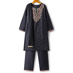 Pine Kids Woven Three Fourth Sleeves Floral Embroidered Kurti Chudidar Set with Dupatta & Lace Detailing - Navy Blue
