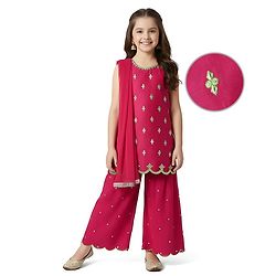 Pine Kids Woven Sleeveless Kurti Gharara Set with Dupatta & Floral Embroidery - Dark Pink