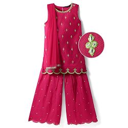 Pine Kids Woven Sleeveless Kurti Gharara Set with Dupatta & Floral Embroidery - Dark Pink