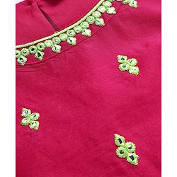 Pine Kids Woven Sleeveless Kurti Gharara Set with Dupatta & Floral Embroidery - Dark Pink