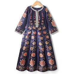 Pine Kids Woven Three Fourth Sleeves Ethnic Dress With Floral Print - Violet