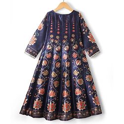 Pine Kids Woven Three Fourth Sleeves Ethnic Dress With Floral Print - Violet