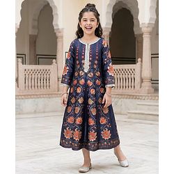 Pine Kids Woven Three Fourth Sleeves Ethnic Dress With Floral Print - Violet