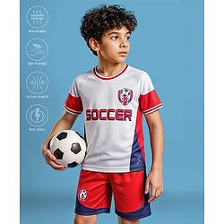 Pine Active Half Sleeves T-Shirt & Shorts With Soccer Print - White & Red