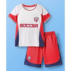Pine Active Half Sleeves T-Shirt & Shorts With Soccer Print - White & Red