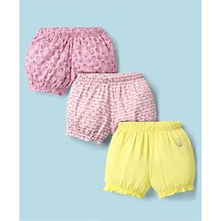 Pine Kids Cotton Elastane Knit Bloomers With Stripes & Shell Print Pack Of 3 - Yellow & Pink