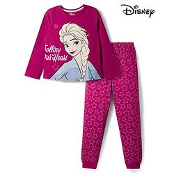 Pine Kids Disney Single Jersey Knit Full Sleeves T-Shirt & Pyjama Night Suit With Disney Princess Graphic & Star Print - Dark Pink