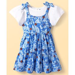 Pine Kids Cotton Knit Frock & Half Bell Sleeves Inner Tee With Floral Print - Blue & White