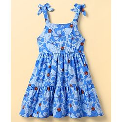 Pine Kids Cotton Knit Frock & Half Bell Sleeves Inner Tee With Floral Print - Blue & White