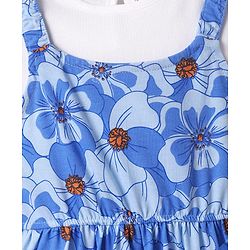 Pine Kids Cotton Knit Frock & Half Bell Sleeves Inner Tee With Floral Print - Blue & White
